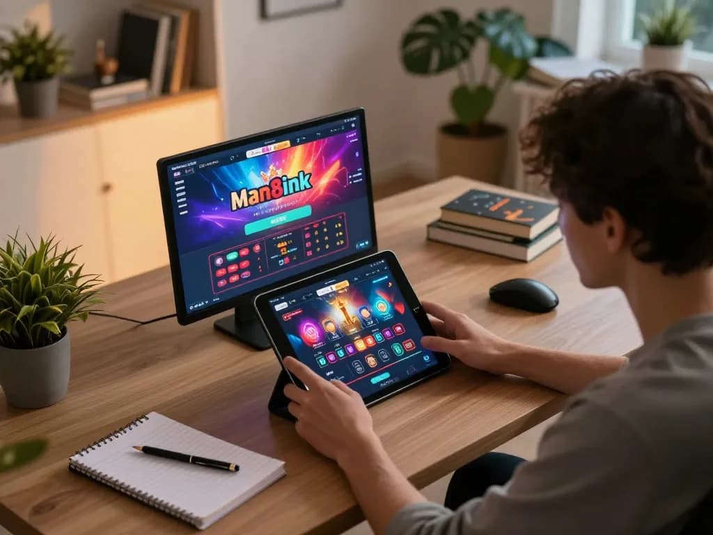 Engaging in online casino gaming on man88ink with strategic notes in a cozy home environment