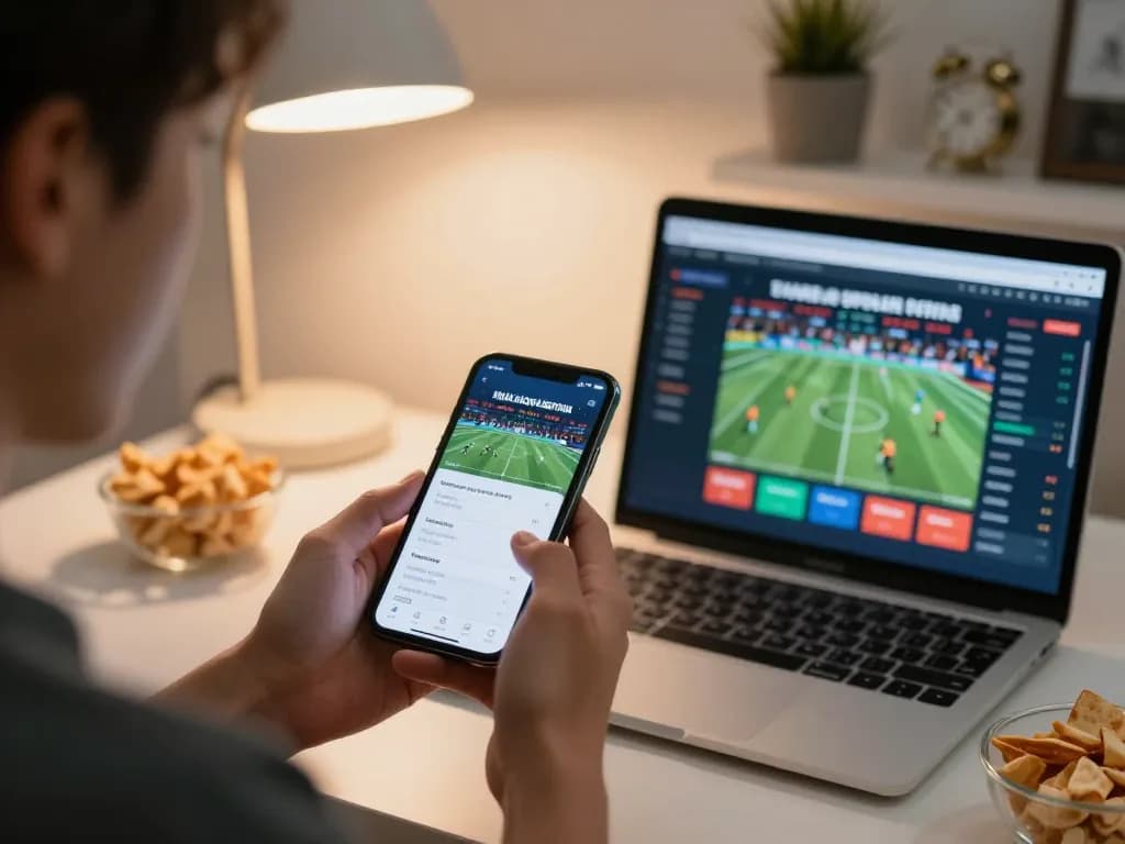 Engaging with the nhà cái xin88 app for sports betting from a modern home office.