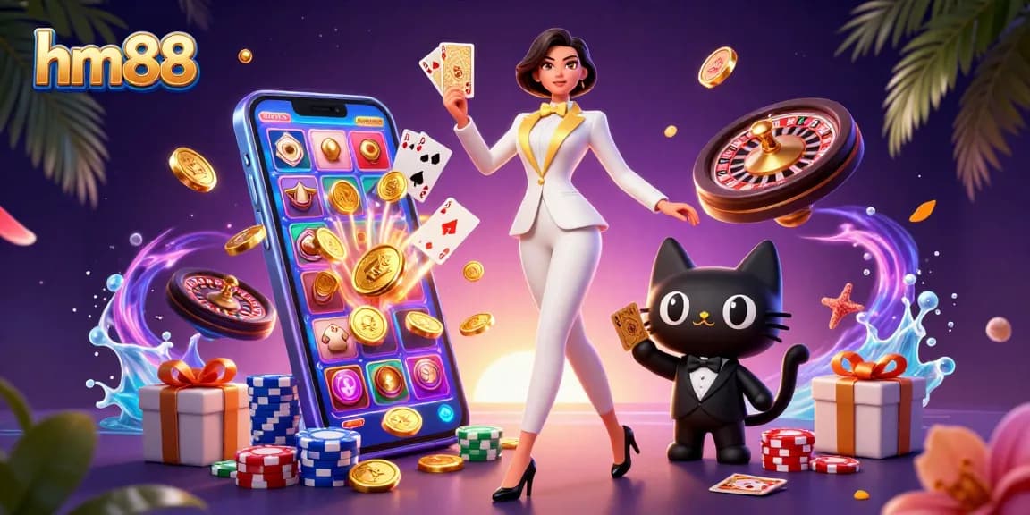 Experience the excitement of hm88 with a glamorous gaming scene featuring cards and slots.
