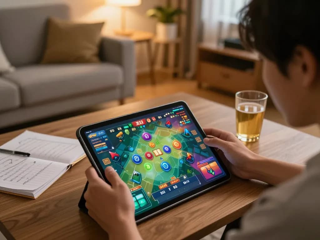 Player engaging in an exciting game of tài xỉu on a tablet in a cozy, stylish home setting