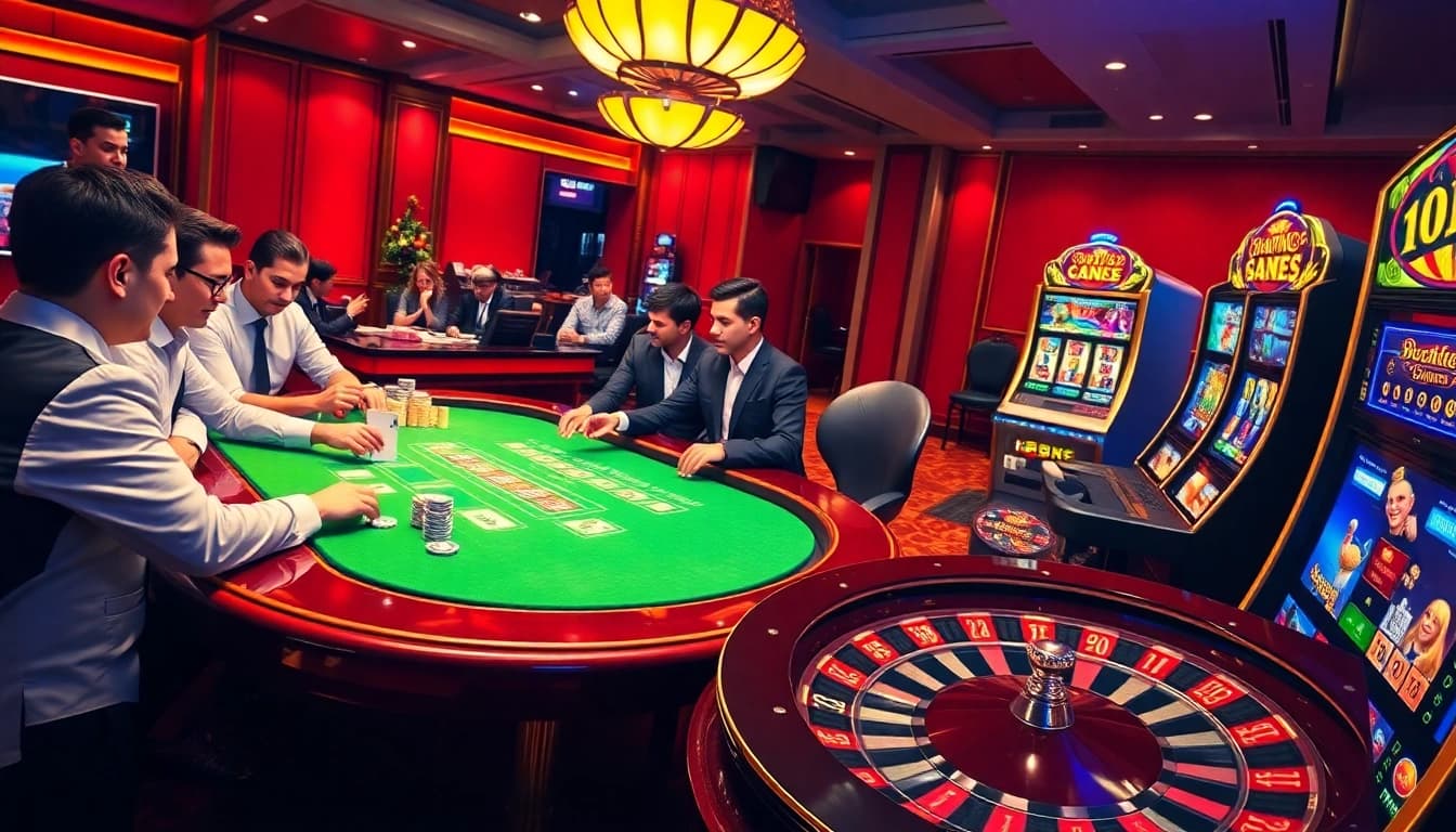Experience the thrill of qh88 at a luxurious poker table, complete with colorful chips and a spinning roulette wheel.