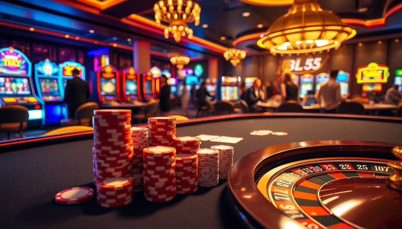 Experience thrilling gameplay at BL555 with an elegant casino scene featuring poker chips, cards, and a roulette wheel.