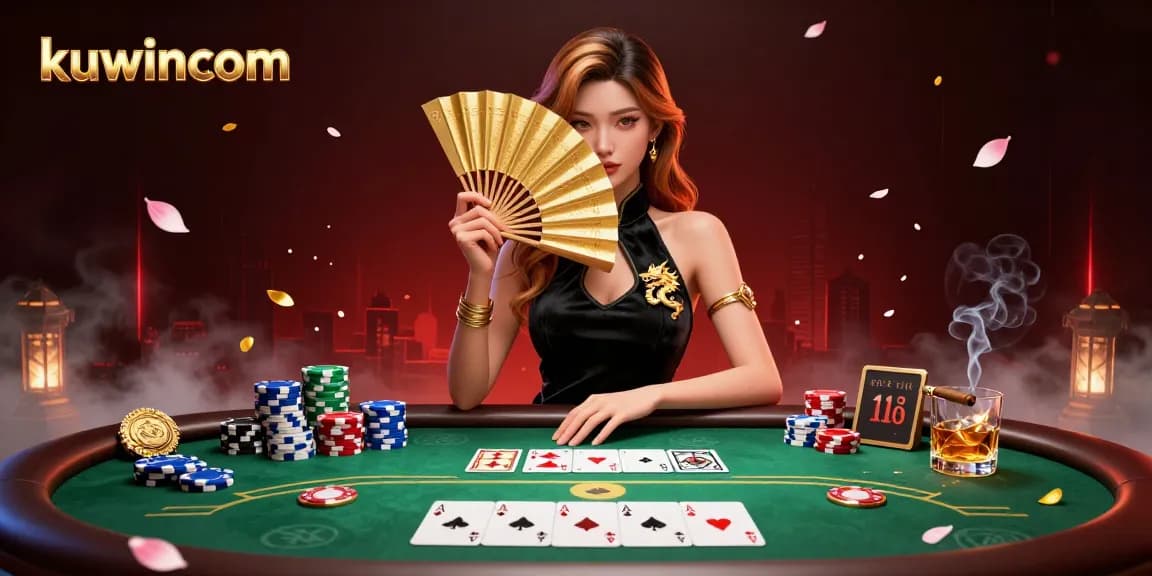 Kuwincom showcases an animated Asian woman at a poker table amid vibrant casino elements for a thrilling experience.