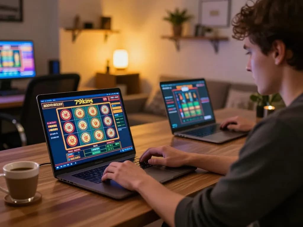 Player engaging in online casino gaming at trang chủ 79king in a cozy home environment.