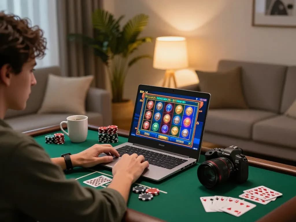 Player engaging in online gaming with 79sodoe, showcasing an interactive gambling experience in a cozy home setup