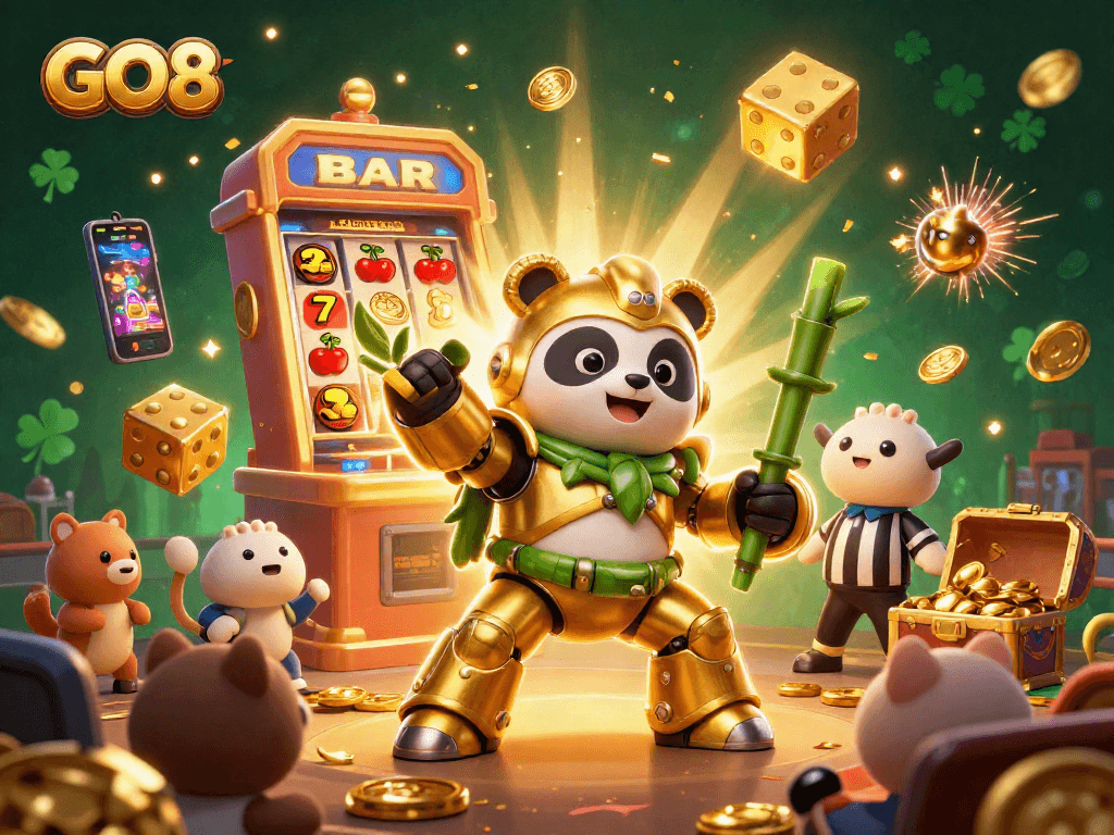 Engage with GO8's thrilling slot action in a vibrant, animated casino scene.