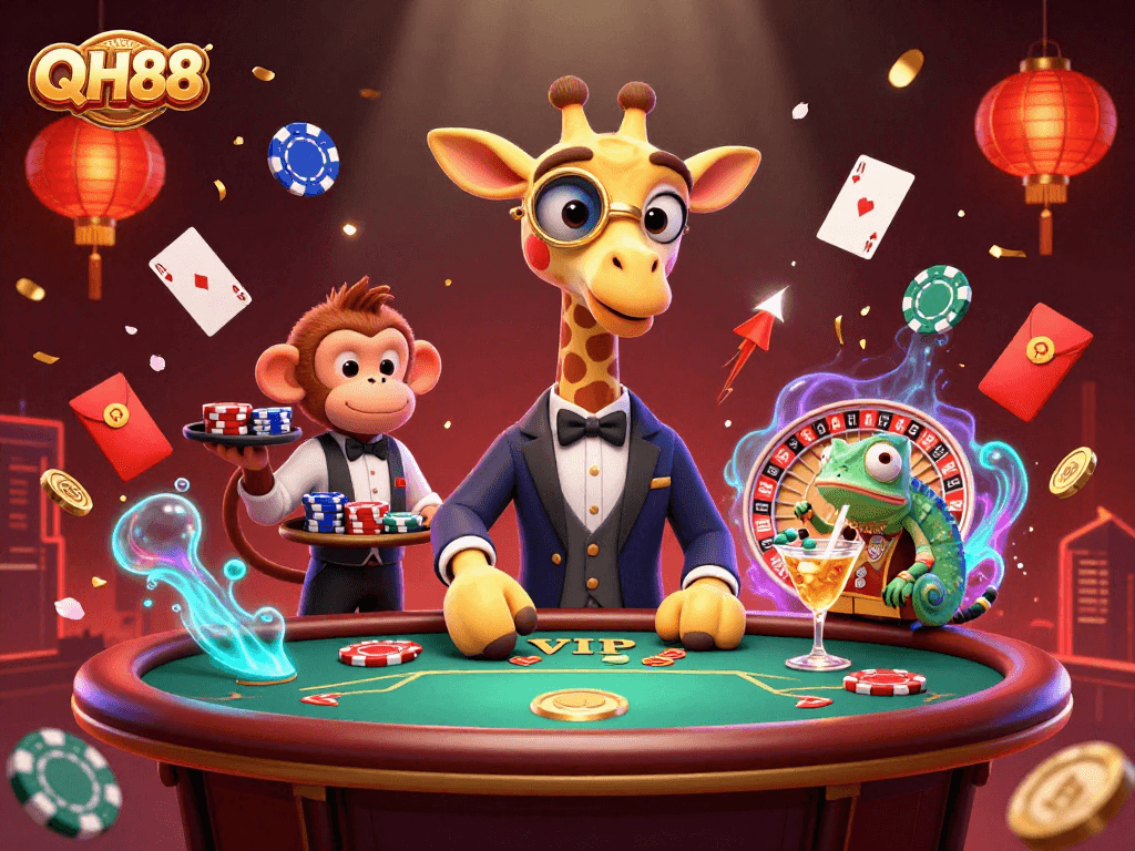 Experience the thrill of QH88 with a high-roller giraffe at a VIP poker table surrounded by vibrant casino elements.
