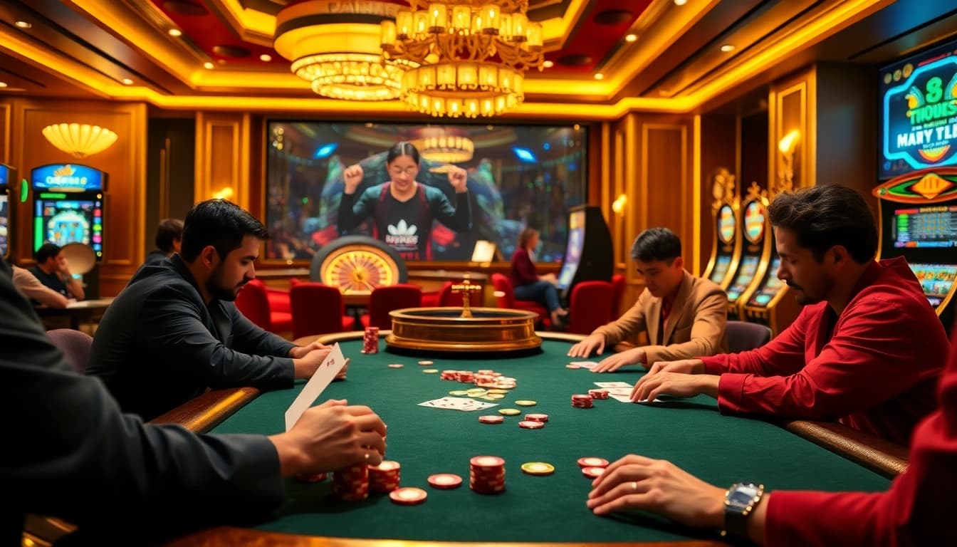 Exciting casino atmosphere showcasing 65A with poker players at a vibrant table amid luxury decor.
