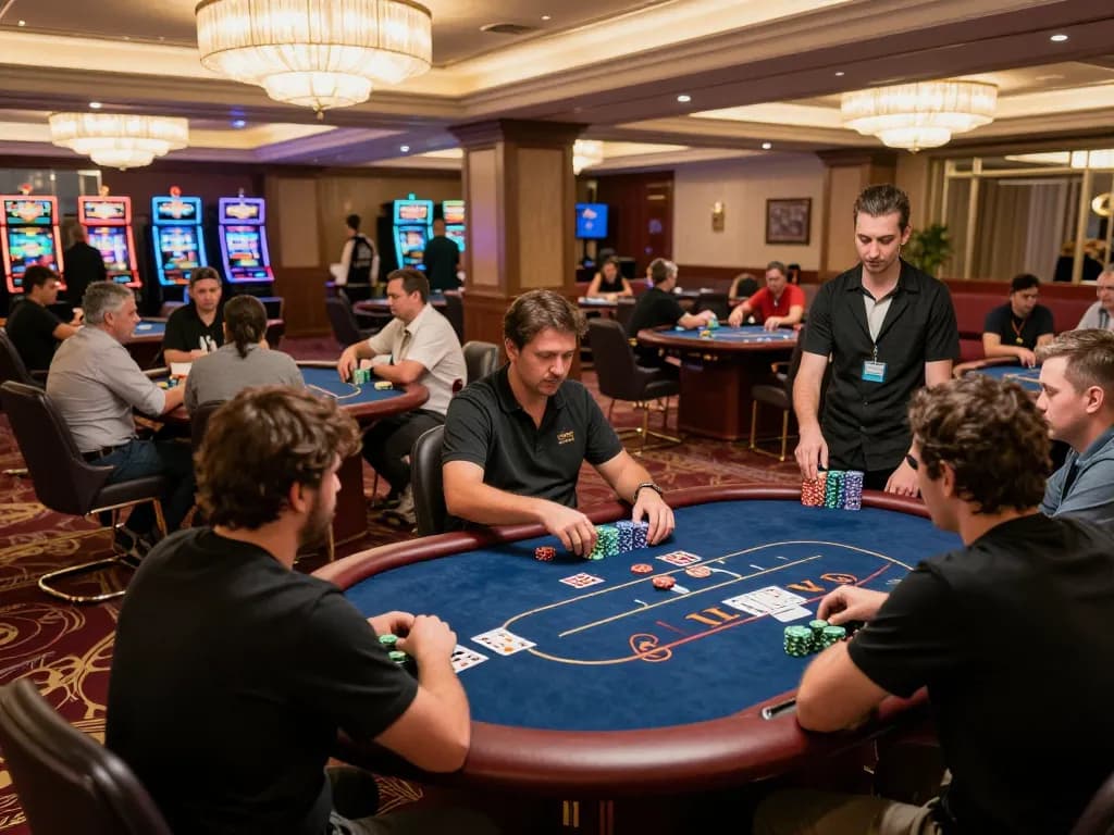 Players strategizing in an upscale poker game at the casino 99ok, showcasing vibrant chips and cards.