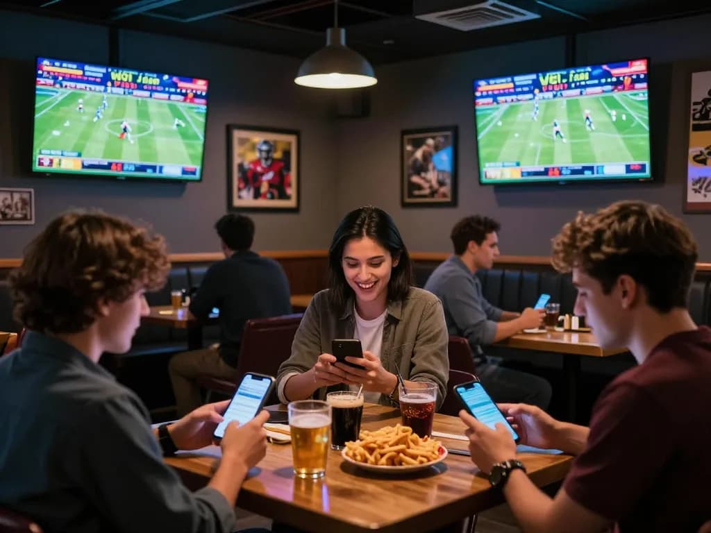 Engaged players using keonhacai for mobile sports betting in vibrant bar setting.