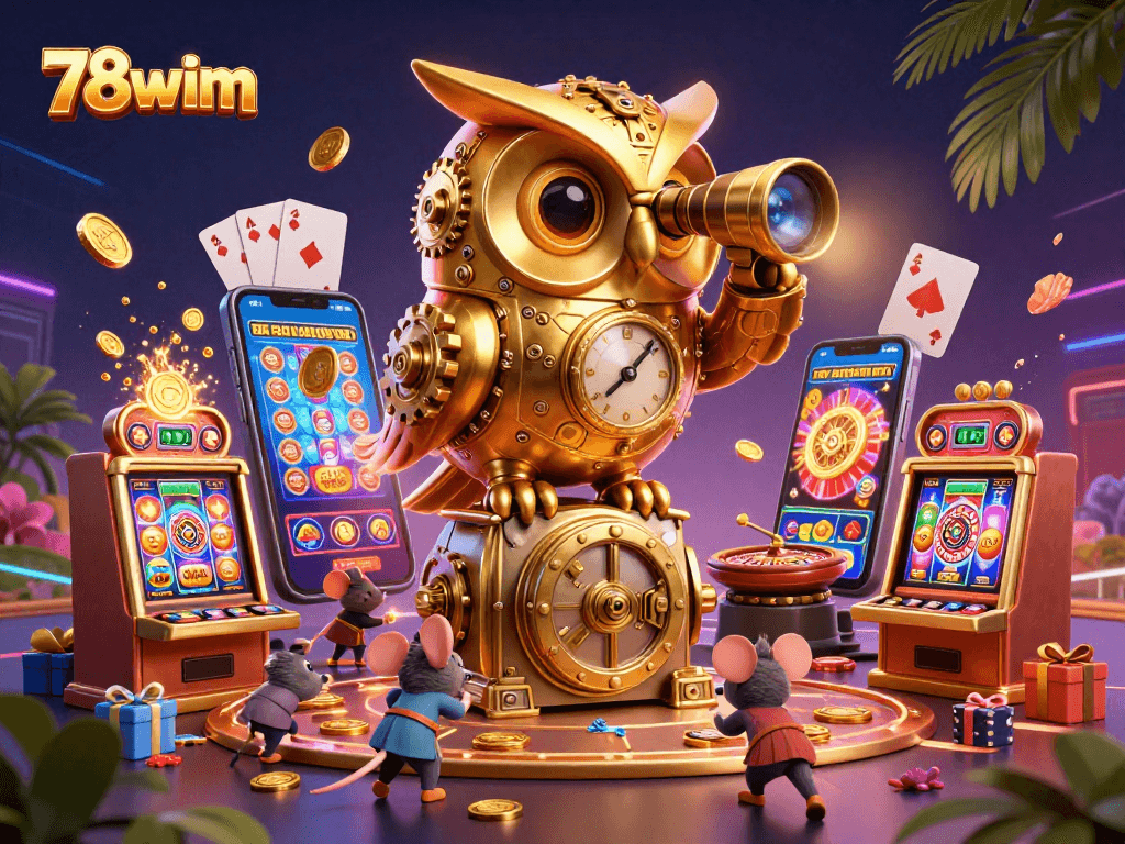 Experience thrilling gaming action at 78wim with an intricate scene of slot machines and a whimsical owl.