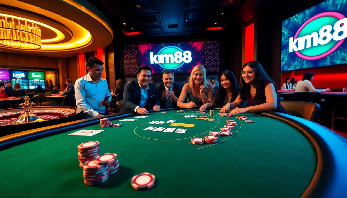 Excited players enjoying a vibrant casino scene featuring km88 games at a luxurious poker table.