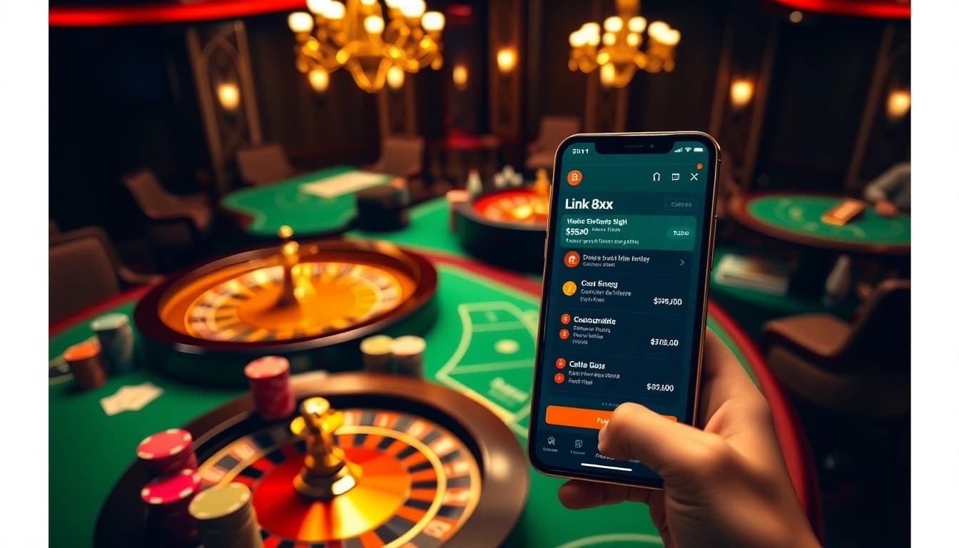 Players engaging in online gambling excitement through the link 8XX app on a stylish casino table.