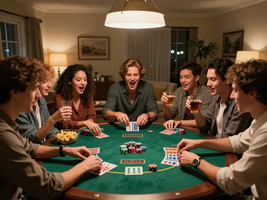 Friends enjoying a vibrant home casino night playing blackjack, highlighting KUWIN 789 vibes.