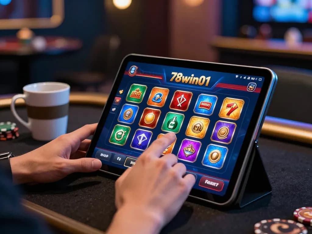 Playing on the 78win01 online casino app on a tablet, showcasing a vibrant gaming interface.
