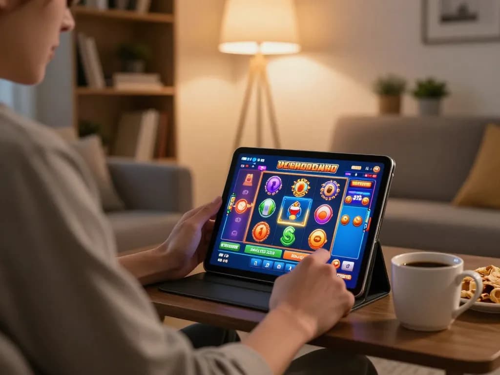 Engaged player exploring link slot gacor on a tablet in a cozy home setting, representing responsible gambling.