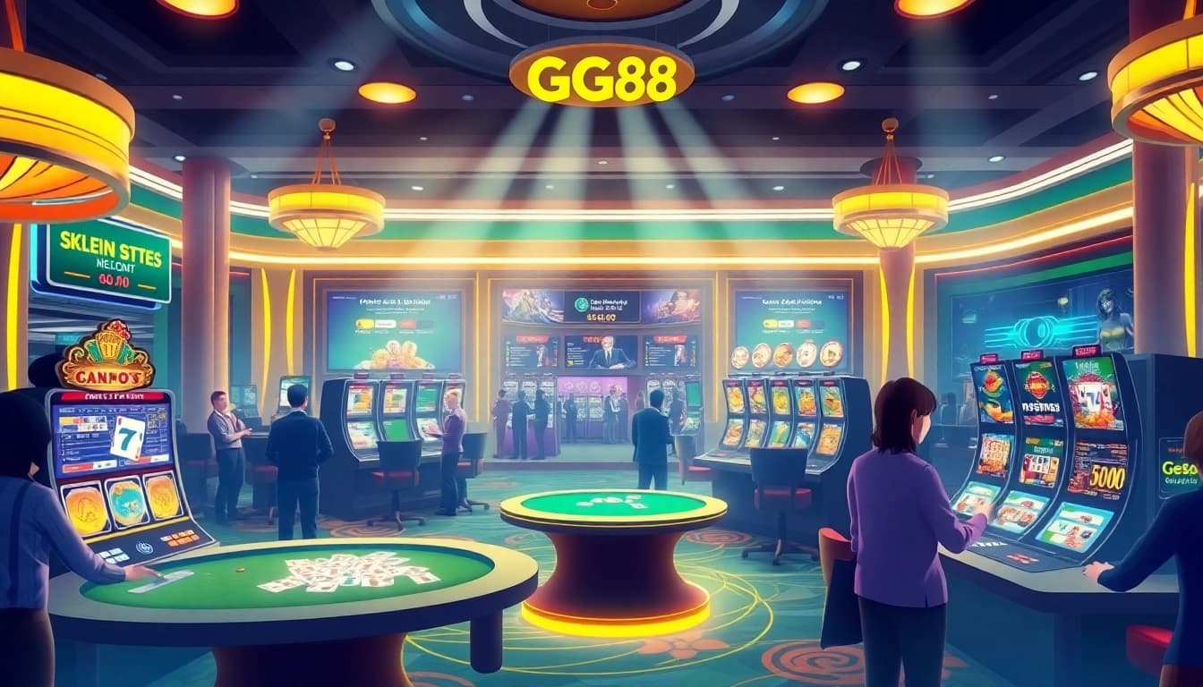 Engaging scene at nhà cái gg88 showcasing vibrant online gambling with slot machines and sports betting.