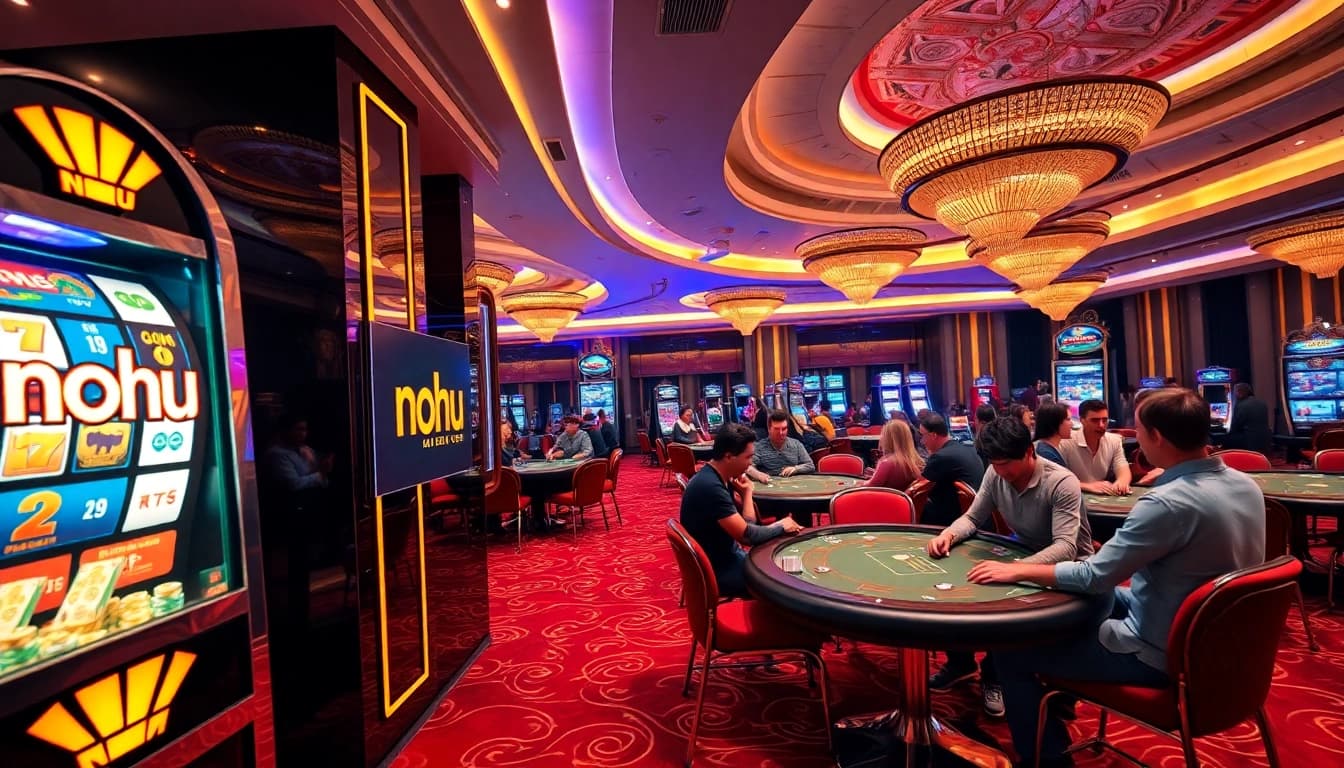 A lively casino scene with players enjoying games, featuring nohu slot machines prominently.