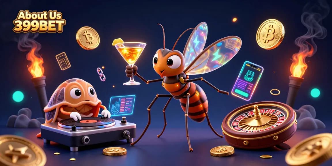 Engage with the vibrant casino experience at About Us 399BET featuring unique characters and crypto elements.
