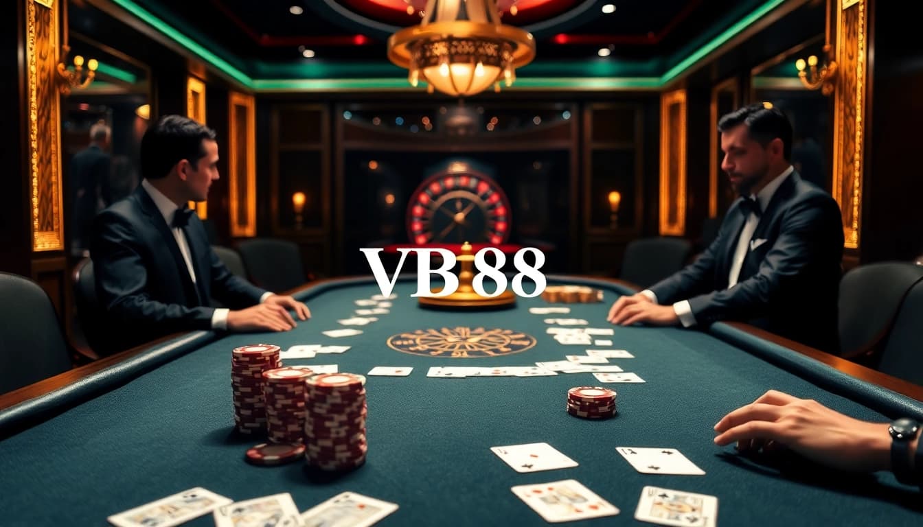 High-stakes poker table with VB88 branding showcasing thrilling gambling action.