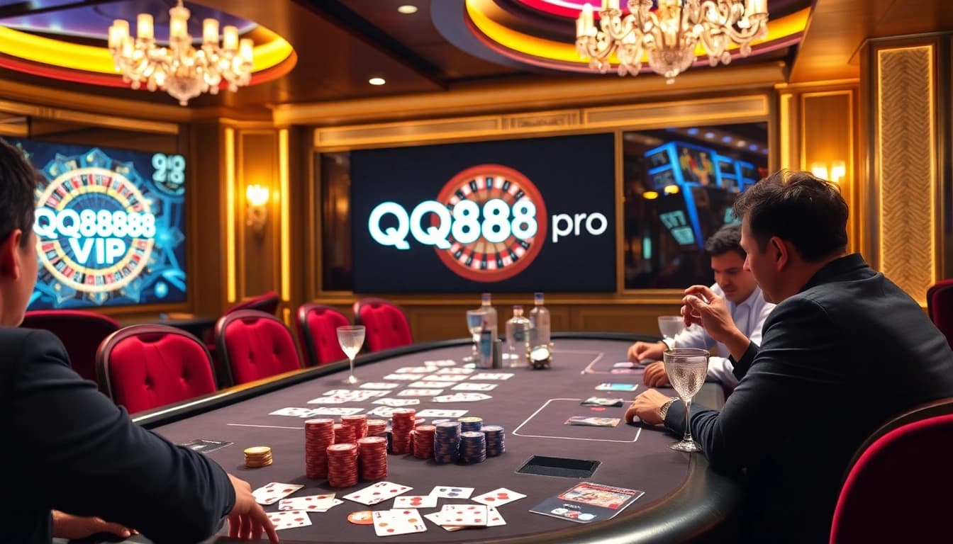 Engaging players at a luxurious poker table in a QQ88pro Vip casino atmosphere.