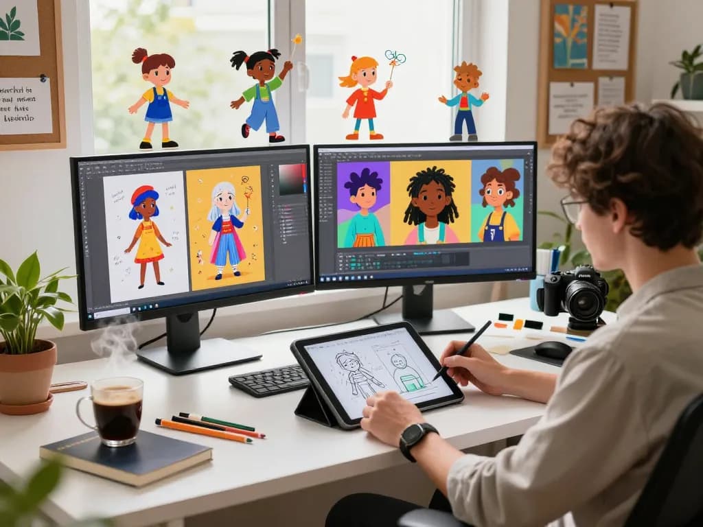 Engaging workspace showcasing CrushOn AI character design with vibrant screens and creative elements.