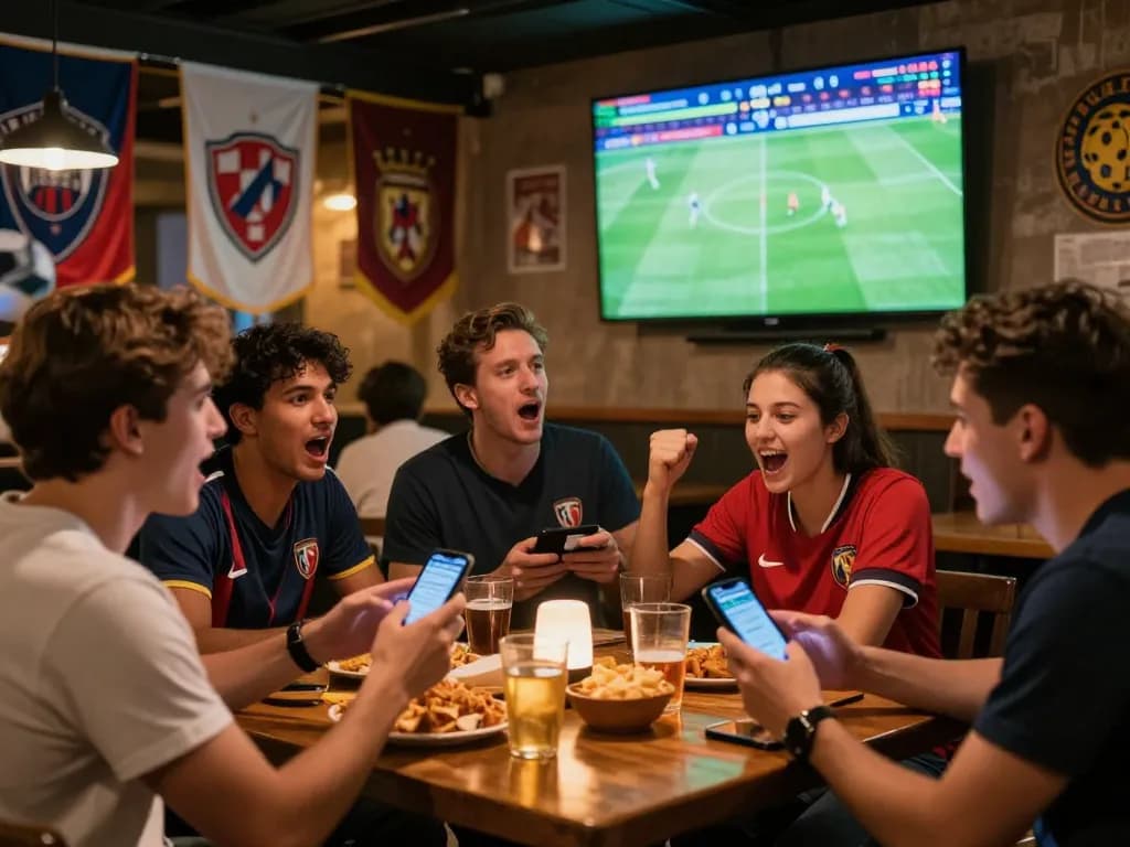 Engaged fans watching trực tiếp bóng đá cúp bóng đá nam mỹ while placing bets in a lively bar.