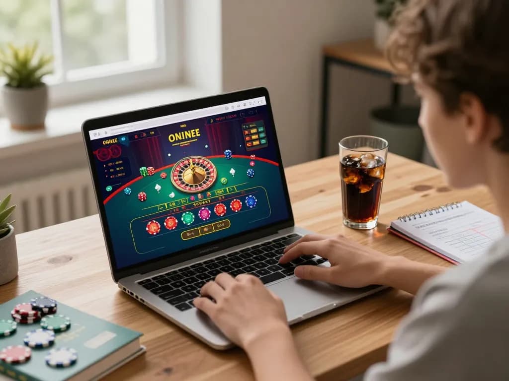 Engaged player using sun win online casino interface at home, cozy workspace.