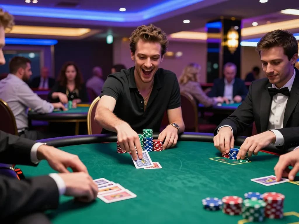 Go8 player betting confidently at a vibrant poker table in a luxurious casino setting.