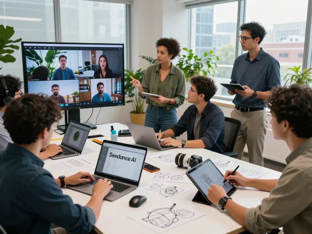 Seedance AI video production team collaborating and analyzing AI-generated footage in a modern workspace.