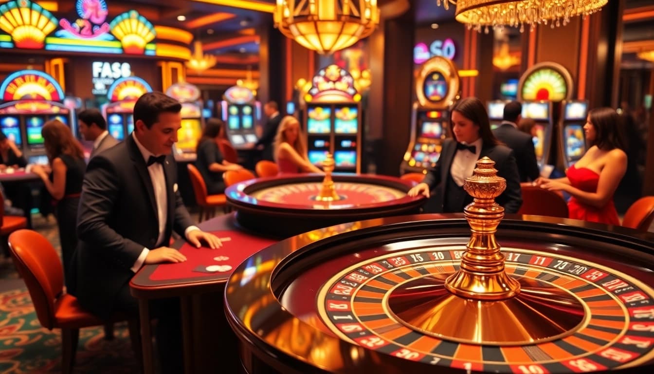F168 gaming table and roulette wheel in a luxurious casino environment with vibrant excitement.