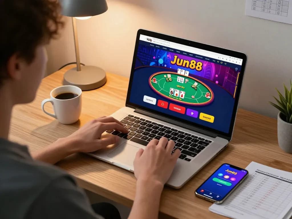 Player engaging with online Jun88 casino game at home, showcasing a vibrant interface and strategic notes for smart betting.