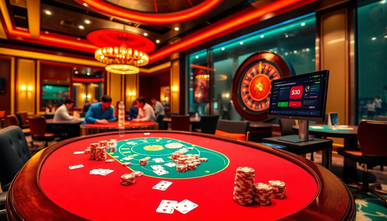 Engaged players experience thrill at a chotruyen poker table in a vibrant casino.