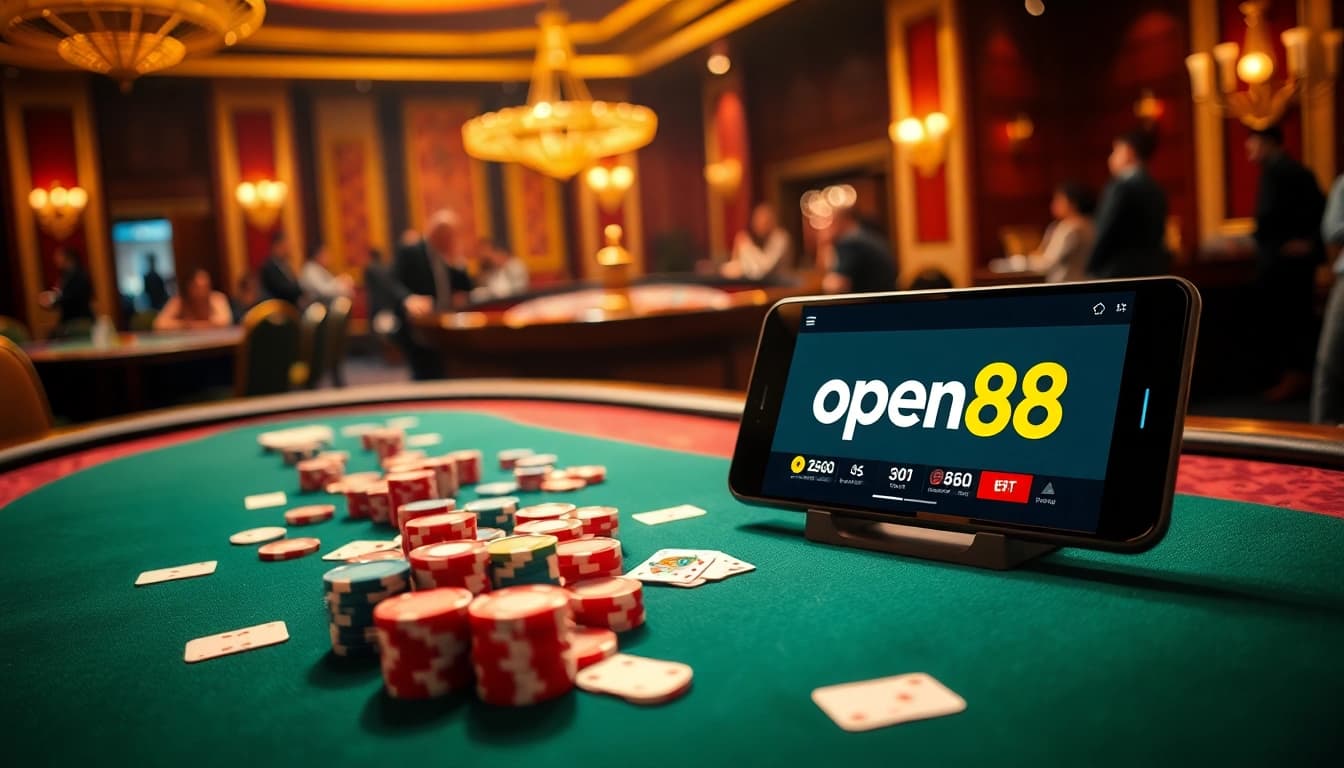 Experience high-stakes gambling at open88 with colorful poker chips and a spinning roulette wheel.