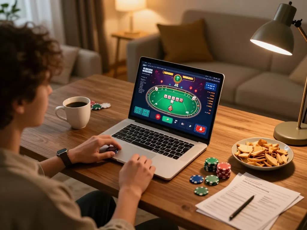 Engaging gameplay at trang chủ 79king with a player immersed in online poker strategy, warm home setting.