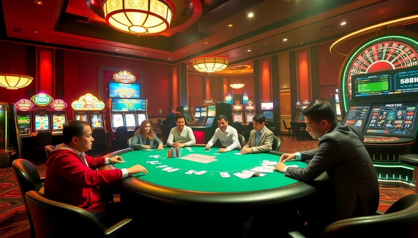 Experience high-stakes gaming at 58WIN, showcasing an elegant casino atmosphere with vibrant tables and machines.