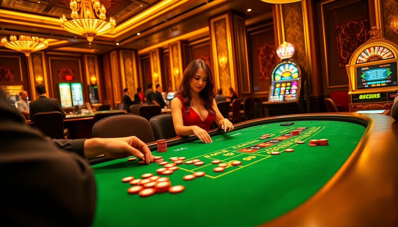 Players engaging with AF88 game at a glamorous live blackjack table in a luxurious casino setting.