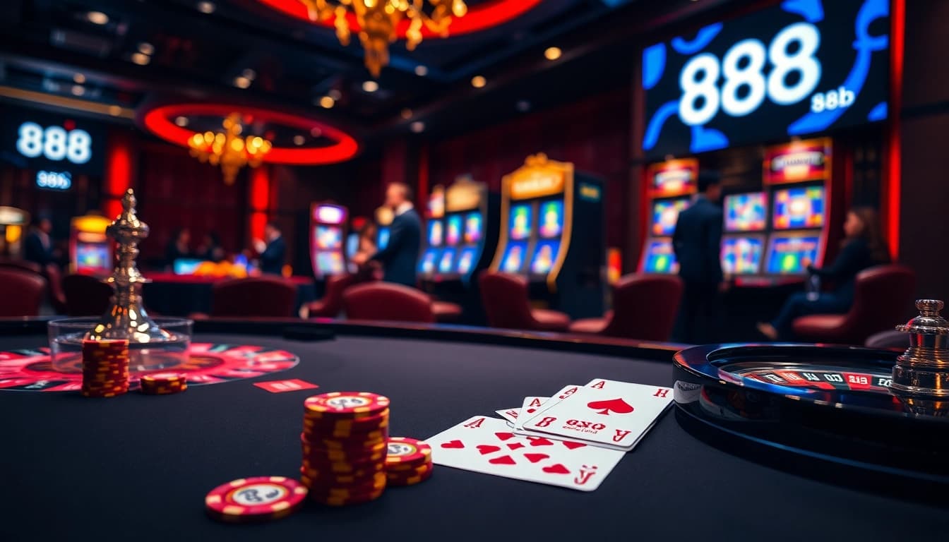 Players enjoying games at 888b casino, featuring poker tables and vibrant slot machines.