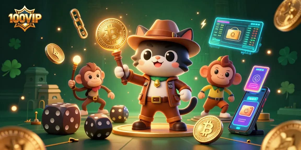 Engage in thrilling gaming at 100VIP with an adventurous cat explorer revealing hidden treasures in a vibrant casino.