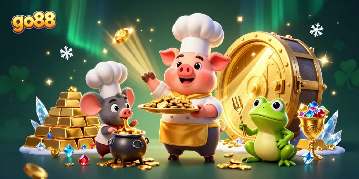 Experience go88's exciting offerings in a vibrant casino setting with gold coins, vibrant gems, and engaging characters.