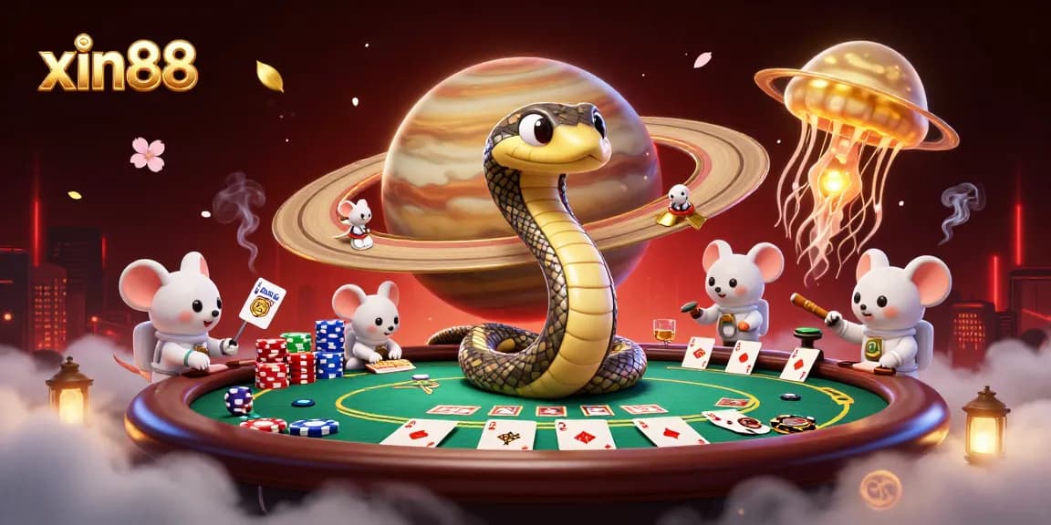 Engage with the xin88 cosmic casino scene featuring a Saturn ring snake as a roulette wheel.