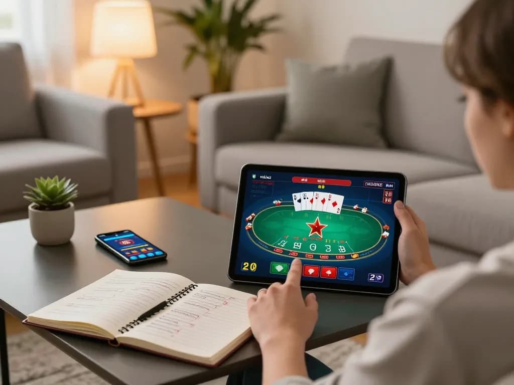 Player engaged with v788 online casino app, showcasing a poker interface on tablet in cozy home setup.