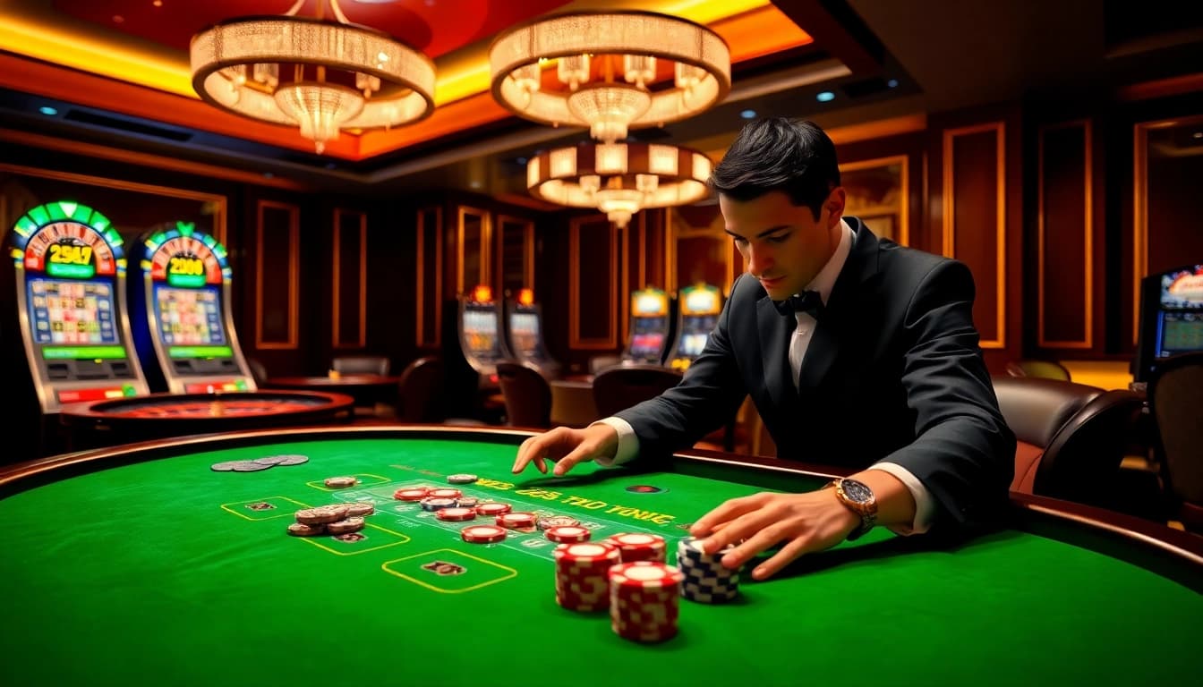 Engaging gambler at a blackjack table focusing on 98win's thrilling casino action.