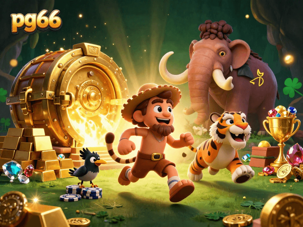 Experience the thrill of play at pg66 with stone poker chips and golden treasures in a vibrant casino scene.