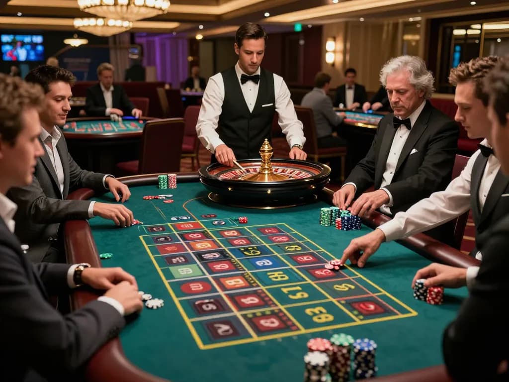Players betting at the 88CLUB roulette table in an elegant casino environment with vibrant colors