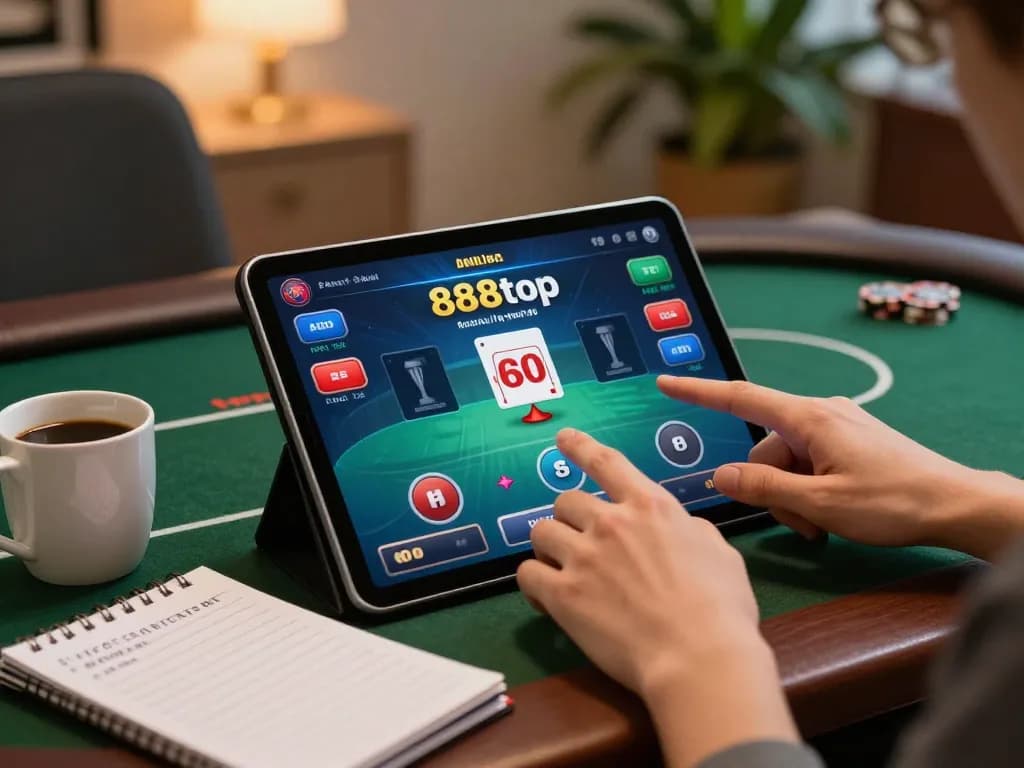 Engaged player strategizing during poker on 888top app in a cozy home setting.