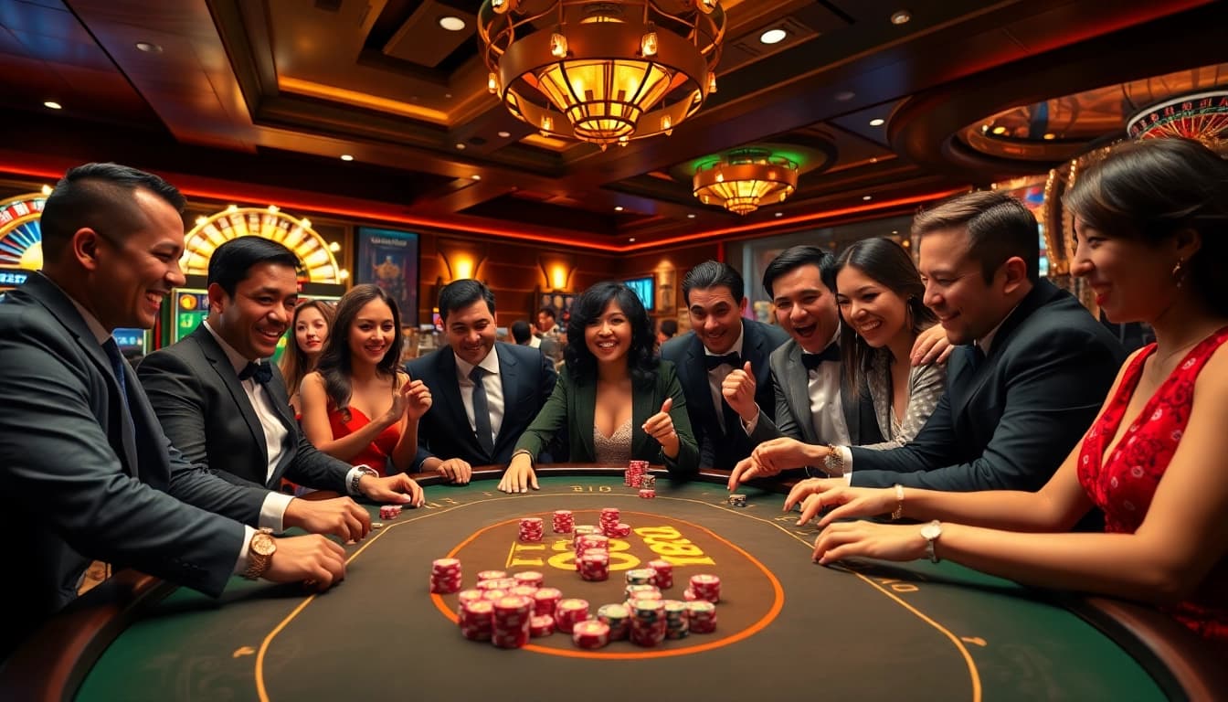 Excited gamblers enjoying the TR88 gaming table at a luxurious casino setting.