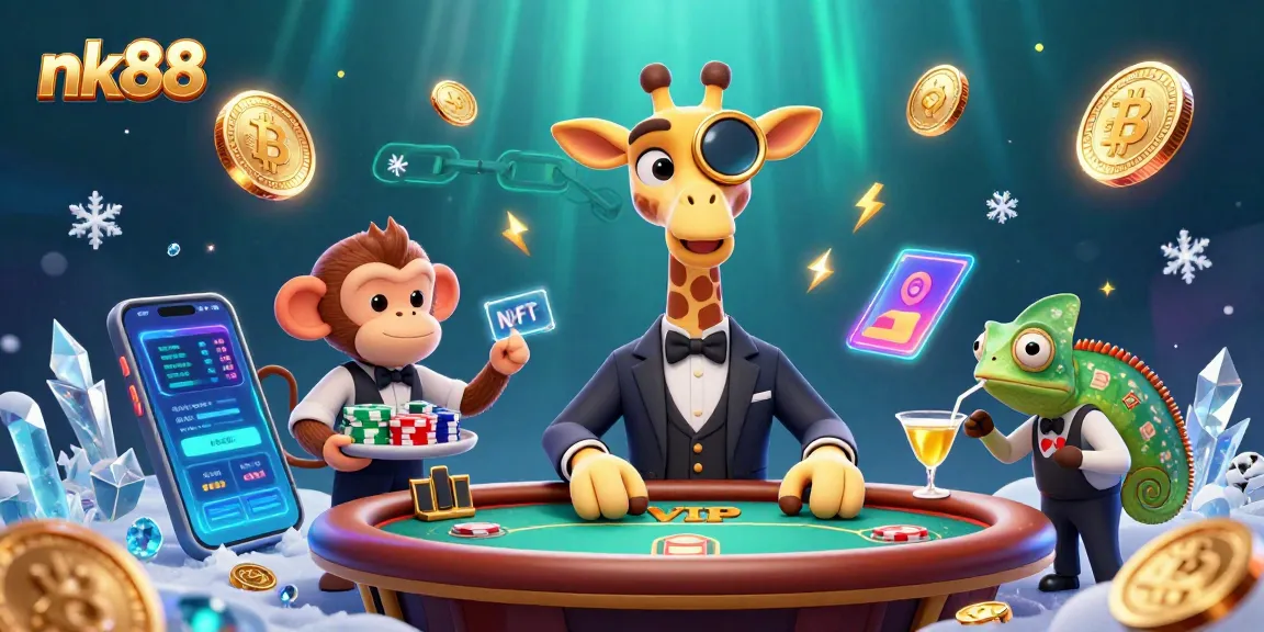 Experience the thrill of nk88 with a vibrant 3D casino scene featuring colorful characters and crypto elements.