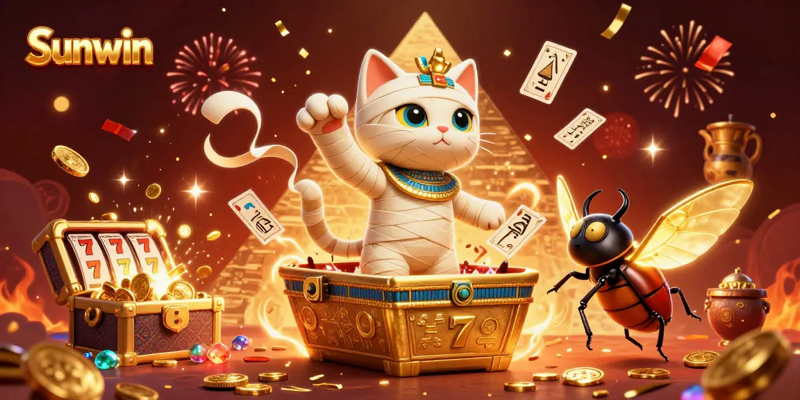 Experience Sunwin's thrilling casino adventure with a mummy cat and scarab beetle amidst dazzling golden treasures.