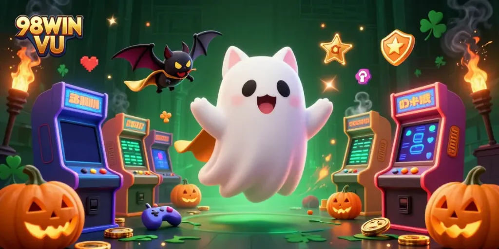 Experience thrilling casino adventures with 98WIN VU as a ghost cat navigates the haunted mansion filled with jackpots.